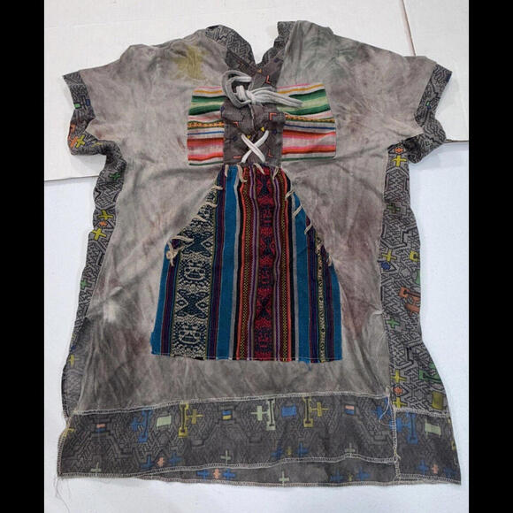 Juan Carlos Centeno Baca Organic Hand Made Tribal Patchwork Lace Front Tee - Picture 6 of 15